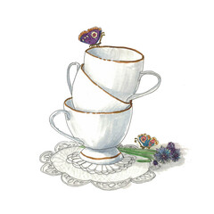 Hand drawn marker cups with butterfly and flower on white background