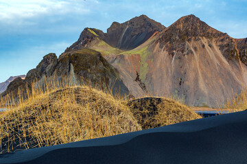 A view of the mountain of Vestrahorn, Iceland, Stokksnes peninsula, Southern Coast, Iceland.