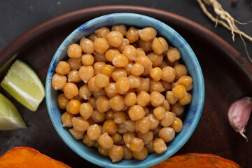 Vegetarian dish of chickpeas with pumpkin. Healthy eating, close up