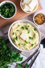 Homemade Mashed Potatoes, boiled puree, fresh greens