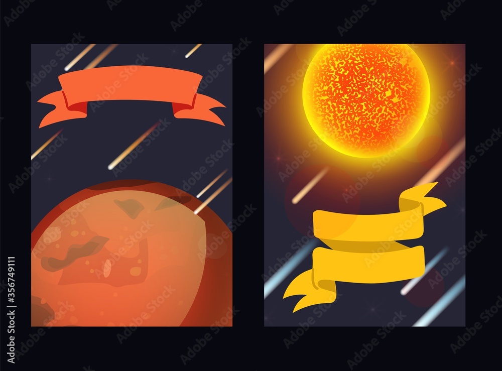 Wall mural planet system, pattern for print, space body vector illustration. object red surface planet mars in 