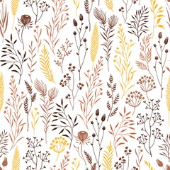 Floral seamless pattern with hand drawn branches, leaves and wildflowers yellow and brown colors. Vector abstract plants on white background in vintage style.