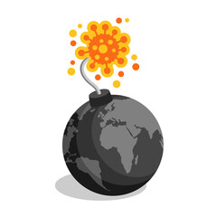 Global crisis caused by coronavirus infection (covid-19 pandemic) - earth globe in bomb shape with virus as a litwick spark - isolated vector concept