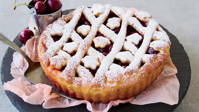 Tasty homemade cherry pie sweet rotates 360 degrees