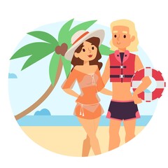 Resting woman near beach lifeguard character for safe sea activities result, vector illustration. Beach visitor observation work, assistance. Safe vacation at cartoon tropical resort.
