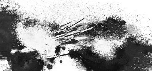 Muurstickers White grunge ink blot. Isolated on black. Abstract smear acrylic and watercolor painted texture paper background. © Liliia