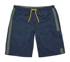 Summer men’s shorts on an elastic band with a yellow shoelace. Velcro side pocket. Color navy.
