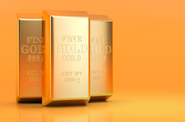Golden ingots on orange background, 3D rendering
