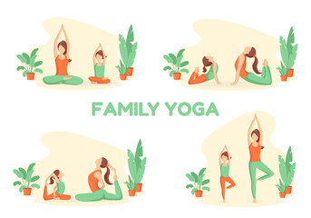 Obraz na płótnie Canvas Mother and daughter do yoga. Simple asanas for children with parents. Set of vector illustrations in flat style family yoga.