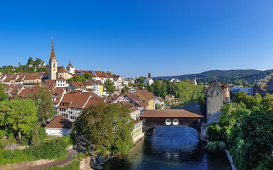 View of the old town of Baden city and river Limmat in canton Aargau, Switzerland
