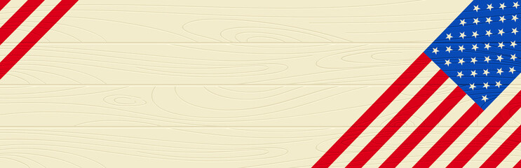Fototapeta premium Wooden web banner with elements of the American national flag.