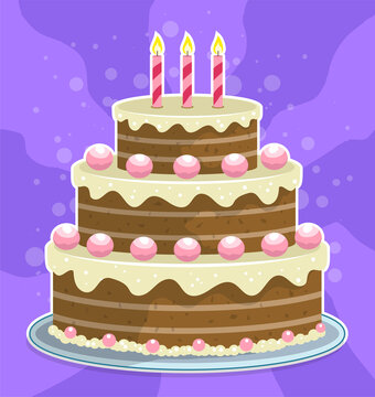 Cartoon colorful tasty big chocolate holiday cake with cream and candles. Isolated on violet background. Vector icon.