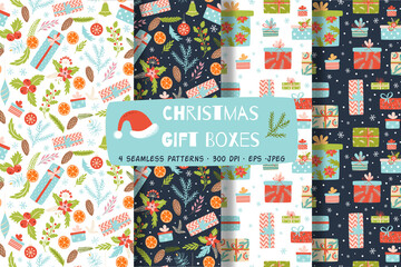Christmas gift boxes seamless paattern set Chistmas presents wrapping paper. Santa's gifts printable paper