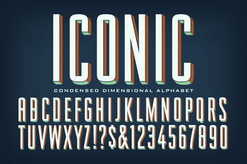 A Tall Condensed Iconic Font with Striped and Solid 3d Depth