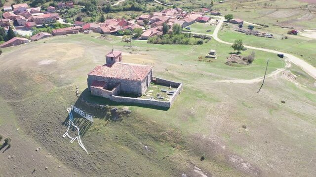 aerial view of Torrelara village (land of Lara) with the church of San Millan Abad in the foreground, province of Burgos, Castile and Leon, Spain