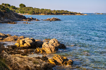 Portisco, Sardinia, Italy - Panoramic view of Tyrrhenian Sea harbor at Emerald Cost by Portisco seaside resort town - Marina di Portisco