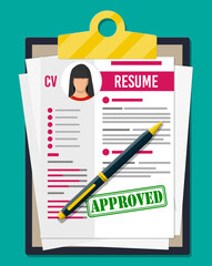 Clipboard with job application and pen. CV papers resume. Job interview. Human resources management concept, searching professional staff, work. Found right resume. Vector illustration in flat style
