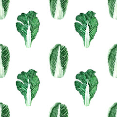 Watercolor seamless pattern with images of various types of cabbage. Heads and leaves of Peking and white cabbage