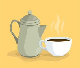 Cartoon fresh hot coffee kettle pot or teapot and big cup on dish. Hotel or cafe style. Isolated on yellow background. Vector icon set.