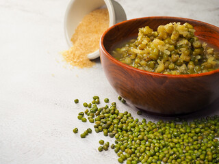 Green beans, mung beans in syrup. Popular Thai desserts in a wooden bowl