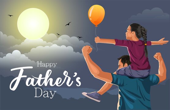 daughter on his father shoulders, father and daughter duo night sky. Happy Father's Day celebration concept.