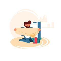 Family father in laundry room near washing machine and dirty clothes. Dad do the laundry. - Vector