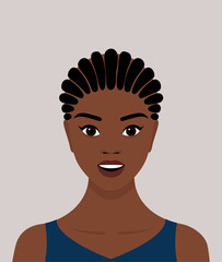 Portrait of a young black African-American woman with dreadlocked braids on her head. The girl smiles. Avatar for social networks. Vector stock flat illustration
