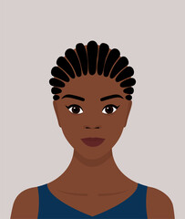 Portrait of a young black African-American woman with dreadlocked braids on her head. The girl smiles. Avatar for social networks. Vector stock flat illustration