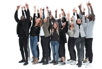 Obraz premium Casual group of excited friends with arms up isolated on white