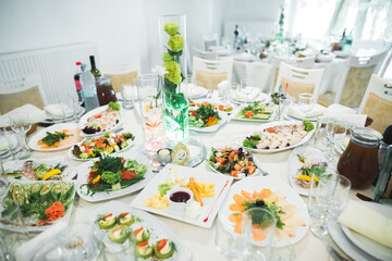 Interior of a restaurant prepared for wedding ceremony
