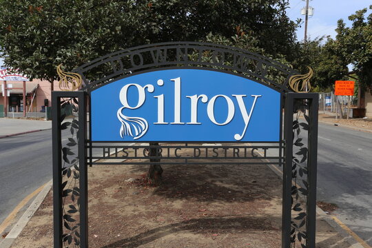 Gilroy, CA, USA - October 13, 2016: A sign in downtown Gilroy, California. Gilroy is a town known for garlic farming and a garlic festival.