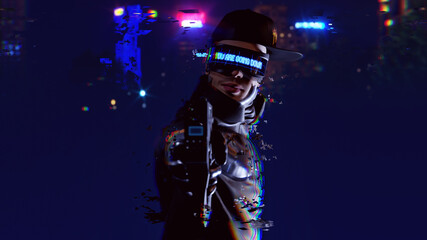 Fototapeta na wymiar futuristic cyberpunk character pointing a gun into camera, 3D rendering character concept
