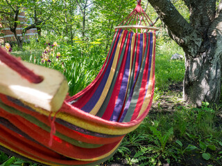 multi-colored hammock tied to trees on a sunny day against a background of stormy summer greenery