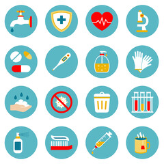 Health and Sanitation Icon Set, Cleanness, Infections Prevention. Vector illustration.