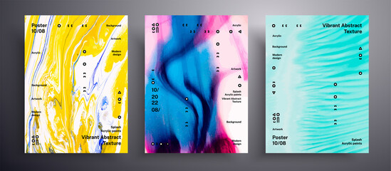 Abstract vector placard, texture set of fluid art covers. Artistic background that applicable for design cover, invitation, flyer and etc. Pink, blue and yellow unusual creative surface template