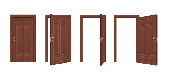 Mockups set of interior dark wood doors realistic vector illustration isolated.