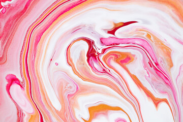 Fluid art texture. Background with abstract swirling paint effect. Liquid acrylic artwork with chaotic mixed paints. Can be used for posters or wallpapers. Pink, coral and golden overflowing colors