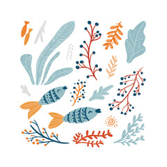 Summer, Beach, Shell, Seaweed, doodle isolated on a white background. Hand draw cartoon Scandinavian nordic design style for fashion or interior or cover or textile or background.