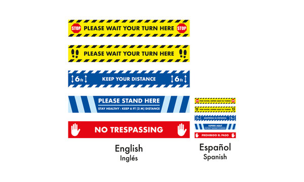 Floor Stickers Distance Lines To Prevent Coronavirus And Covid19, Five Different Designs, Please Wait Your Turn Here, Keep Your Distance, Please Stand Here, No Trespassing, English And Spanish