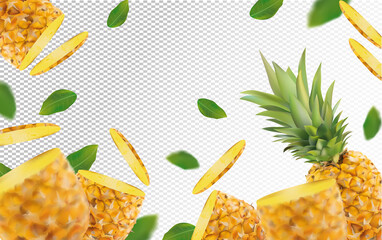 3D realistic pineapple with green leaf. Fresh pineapple in motion. Beautiful pineapple background. Falling pineapple fruits are whole and cut in half. Vector illustration