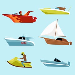 Speed motorboat icons set, flat vector illustration isolated on blue background.