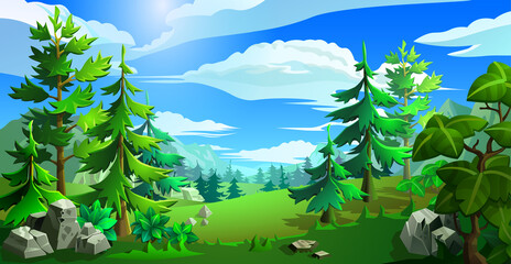 Forest with leave trees and spruces. Panorama of cartoon, coniferous forest with mountains. Vector illustration. © Vladislav K