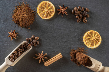 Cafe coffee background. Espresso beans for food, drink caffeine breakfast on black. Brown roasted coffee seeds isolated for energy mocha, cappuccino ingredient. Copy space, top view