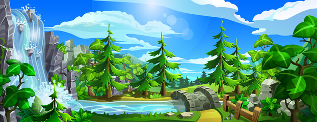 Forest with waterfall, river, leave trees and spruces. Panorama of cartoon, coniferous forest with mountains. Vector illustration.