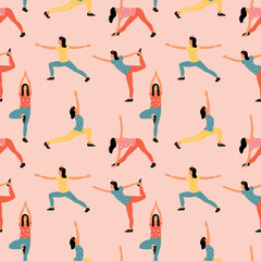 Seamless pattern with woman doing yoga at home. Illustration with different yoga pose.
