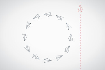 Think different. Think differently concept. Red airplane changing direction. New idea, change, trend, courage, creative solution, innovation and unique way concept.	