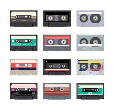Set sound tapes or music cassettes from 80s - 90s, vector illustration isolated.