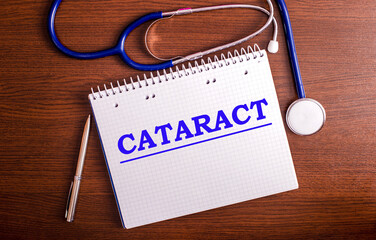 CATARACT written in a notebook, which lies near a stethoscope on a wooden table