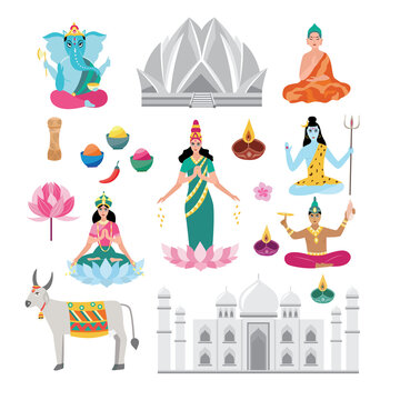 India culture and travel destination set - Indian gods, symbols and architecture