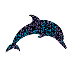 Dolphin with ornaments. Dolphin vector. Black silhouette of the Dolphin is decorated with colored ornaments. Dolphin vector silhouette on a white background.